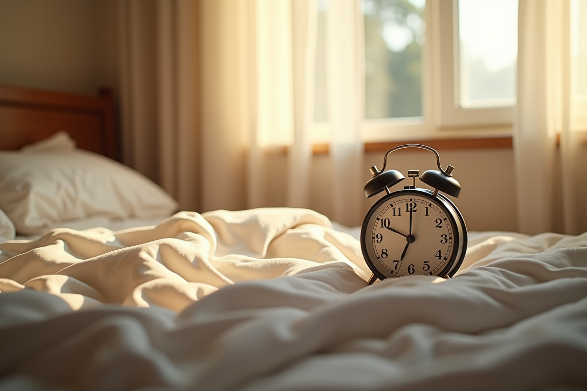 Chambre calme avec réveil matin et lumière douce du matin