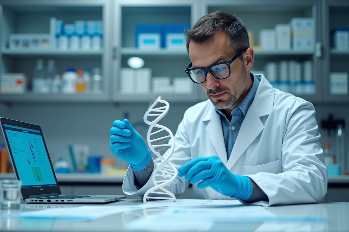 Scientifique en laboratoire étudiant un modèle d'ADN dans le cadre de la recherche sur les jumeaux héréditaires