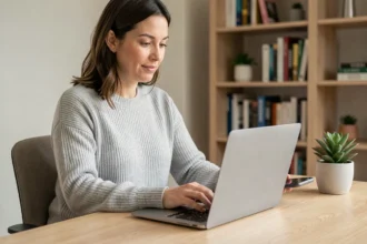 Femme gérant la sécurité de son compte Orchestra sur ordinateur portable à son bureau à domicile