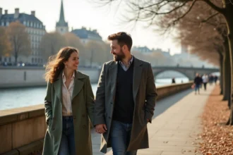 Couple romantique se promenant main dans la main le long des quais de la Seine à Paris en automne