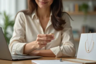 Femme vérifiant une gourmette en or avant de commander un bijou de baptême sur internet