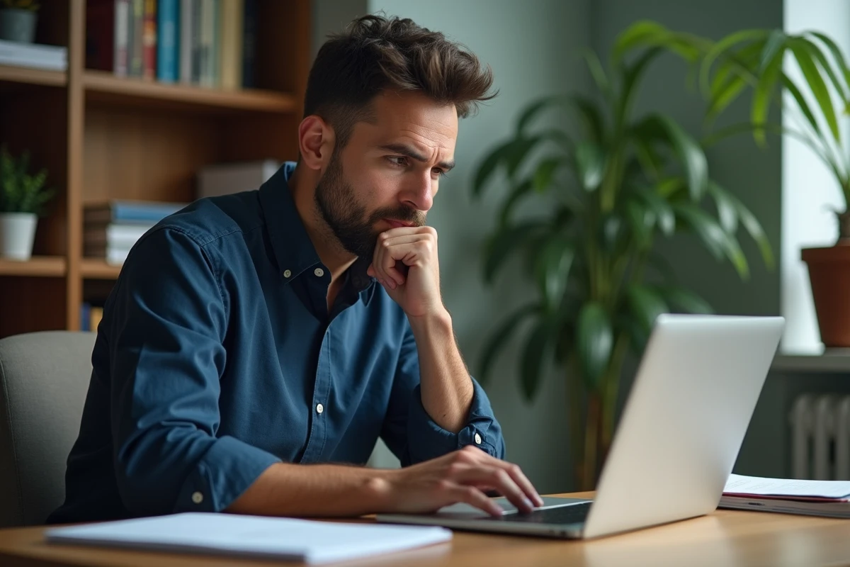 Homme vérifiant des rumeurs en ligne sur un ordinateur portable dans un bureau moderne, expression sceptique et concentrée
