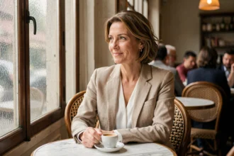Femme élégante dans un café parisien réfléchissant à l'équilibre entre vie publique et vie privée