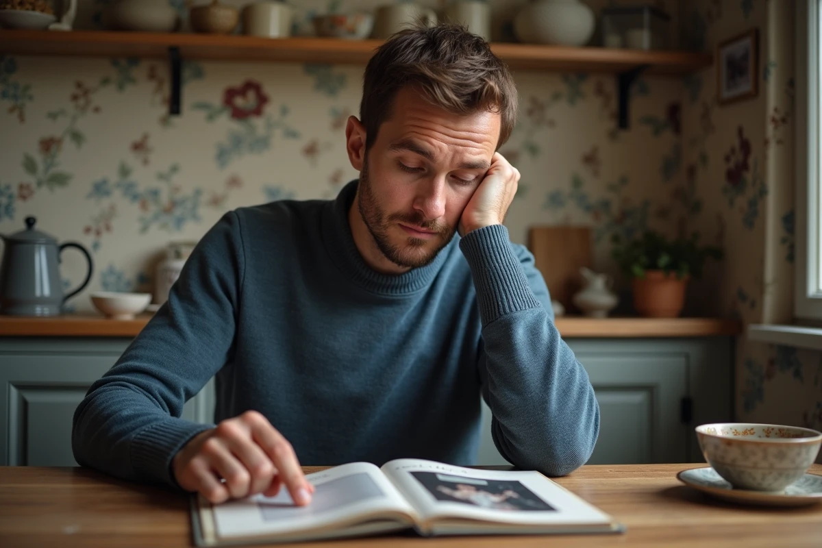 Homme français regardant un album photo ancien dans sa cuisine