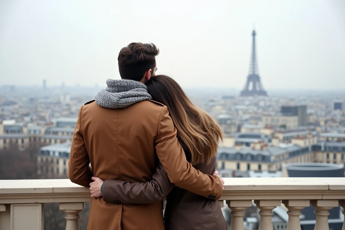 Couple romantique contemplant le panorama de Paris depuis la terrasse du Sacré-Cœur à Montmartre